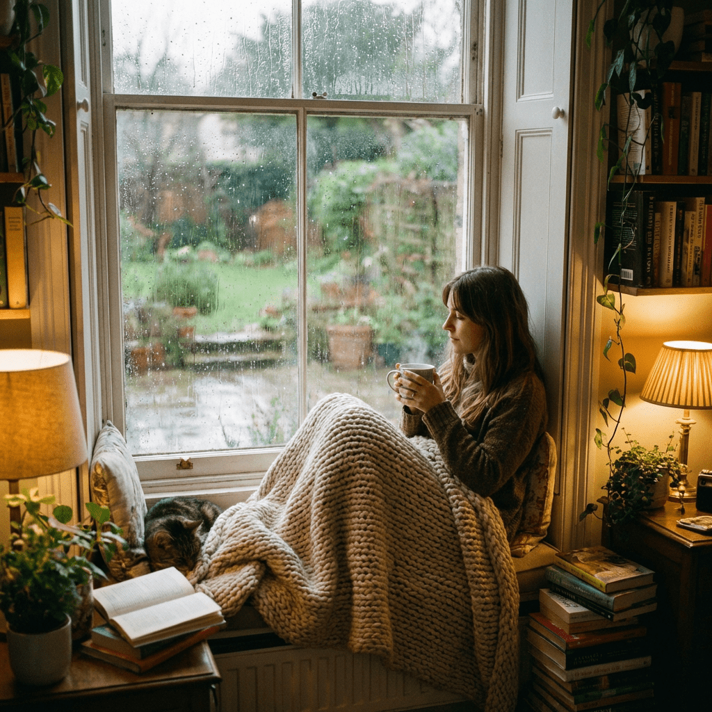 Woman wrapped in a blanket drinking tea by a rainy window with a cat nearby.