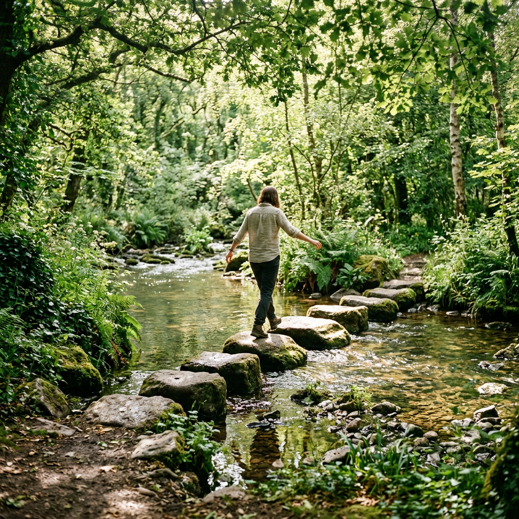 Person walking on stepping stones across a clear forest stream surrounded by lush greenery.