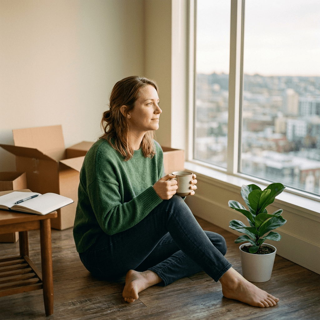 Woman sitting barefoot by window holding a coffee mug and looking outside