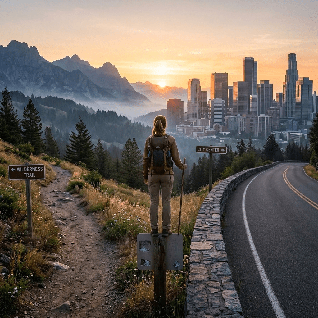 A man standing at a fork with signs pointing to wilderness trail and city center at sunrise