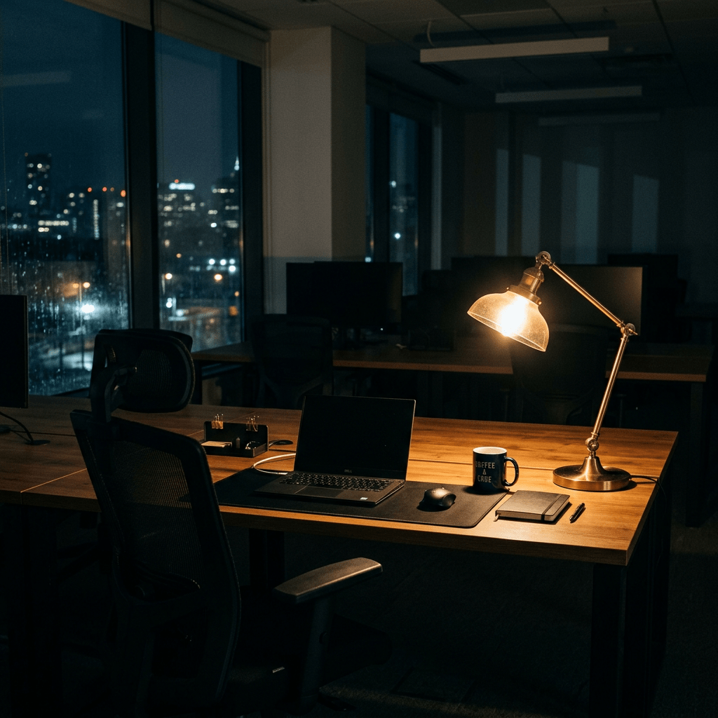 Office desk with laptop, lamp, coffee mug, notebook, and mouse at night